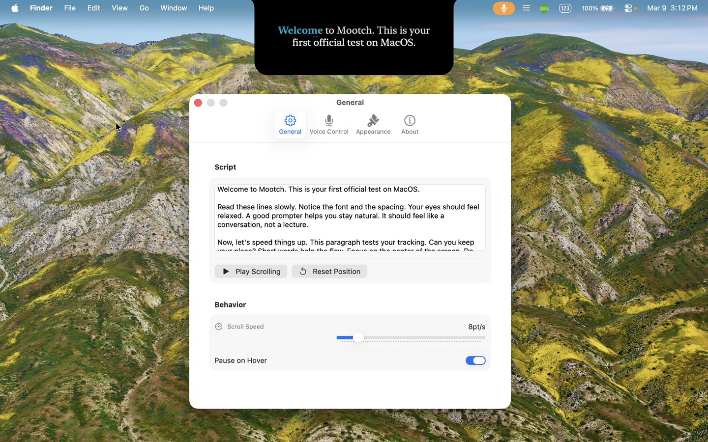 Mootch teleprompter docked under a Mac's notch with a script auto-scrolling